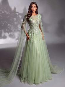 IBTRLY Spring/Summer New Elegant Luxury Green Sequin Beaded Floral Decor High Slit Mesh Formal Evening Gown Suitable For Party, Wedding, Graduation, Birthday, Celebration, Prom, Homecoming, Vacation, Date - Green - View 7