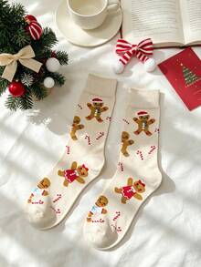 1 Pair Women's Christmas Holiday Style Cartoon Gingerbread Man Comfortable Versatile Mid-Calf Socks - Beige - View 3