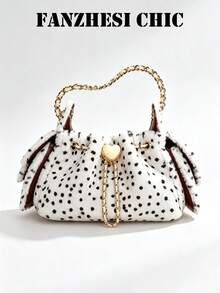 Polka Dot Plush Drawstring Bucket Bag With Heart Metal Lock Chain Handbag, Ruffle Edges On Both Sides, Sweet Girl Style Women's Crossbody Small Bag - White - View 9