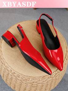 XBYASDF 2026 New Women's Red Glossy Pointed Toe Slingback Chunky Heel Pumps, Elegant 3cm High Heel Sandals For Commuting And Dating - Bright Red - View 1