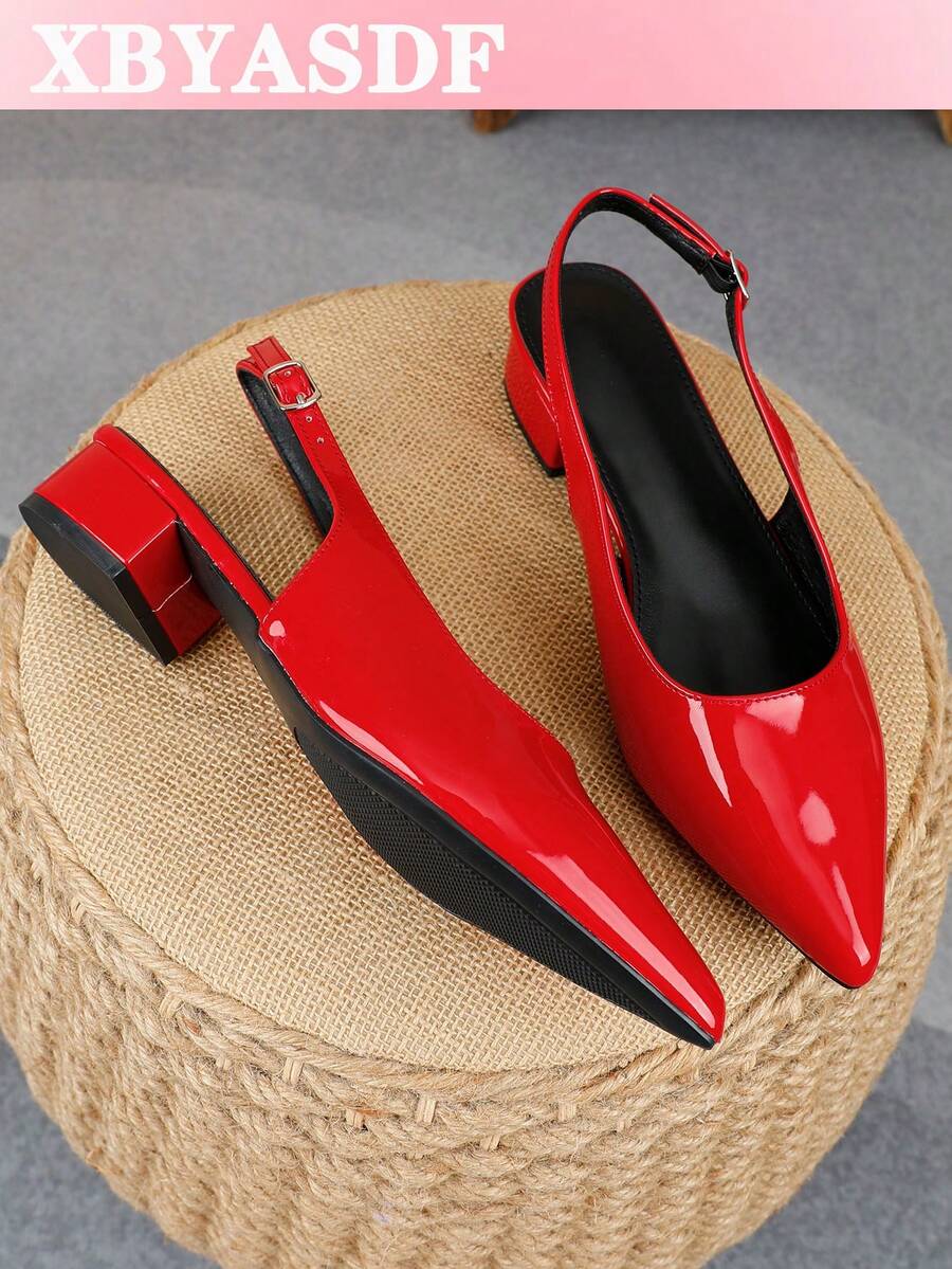 XBYASDF 2026 New Women's Red Glossy Pointed Toe Slingback Chunky Heel Pumps, Elegant 3cm High Heel Sandals For Commuting And Dating - Bright Red - View 1