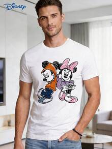 Disney 1pc Men's Short Sleeve T-Shirt, Loose Fit, Mickey Mouse And Minnie Mouse Graphic Print, Round Neck, Slightly Elastic - White - View 1