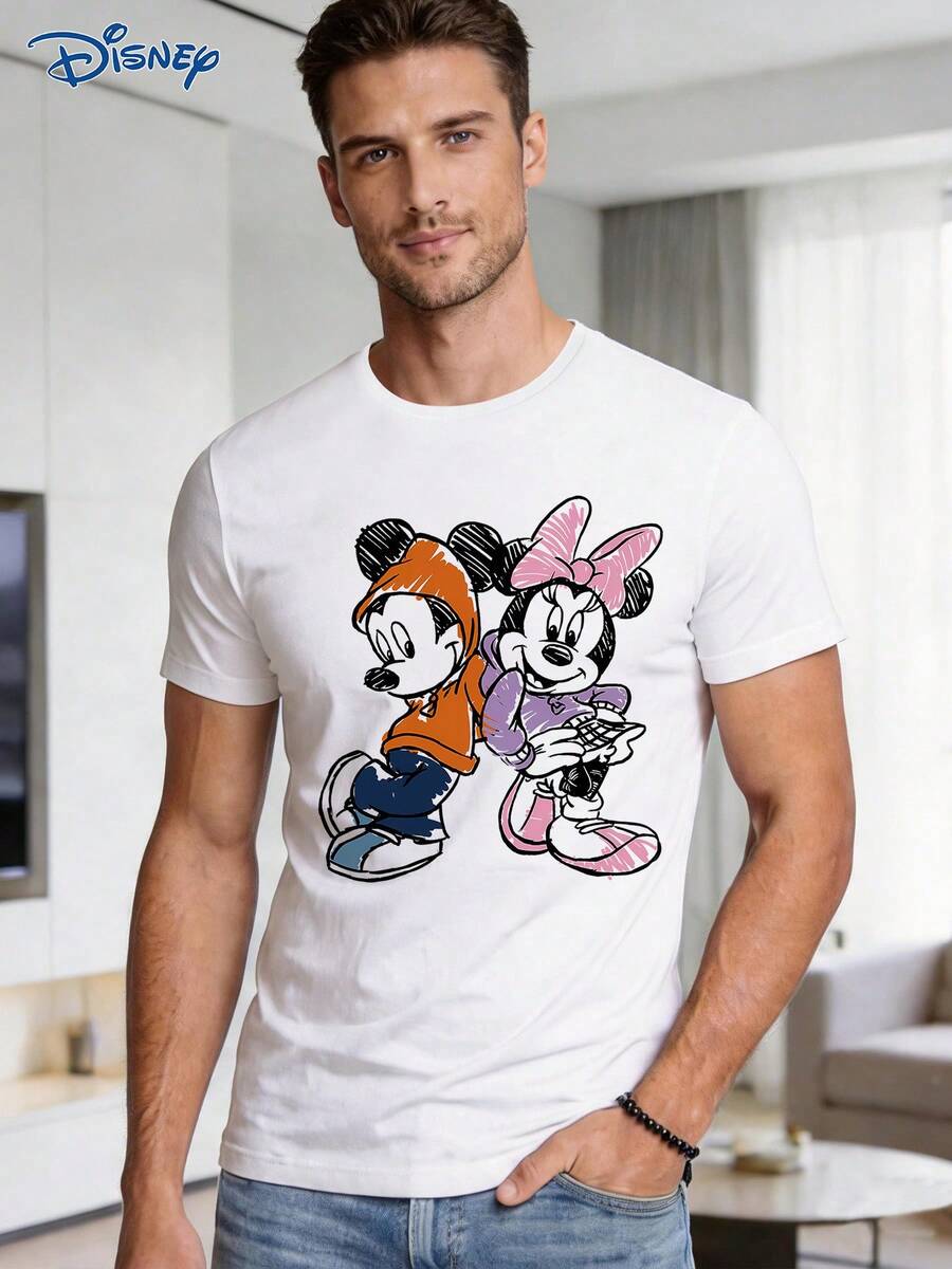 Disney 1pc Men's Short Sleeve T-Shirt, Loose Fit, Mickey Mouse And Minnie Mouse Graphic Print, Round Neck, Slightly Elastic - White - View 1
