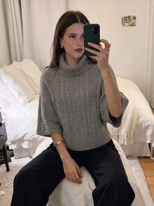女款休閒秋冬純色灰色高領毛衣，插肩袖針織上衣，收腰紋理設計，日常通勤辦公穿搭套頭衫 - 灰色 - 查看 1