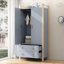 With Storage Blue Wardrobe Frame, Wood+Birch, - Blue - View 6