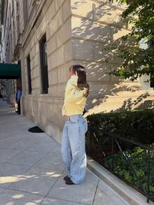 Vivid Style Butter Yellow Knit Sweater Women Lapel Collar Half Button Henley Pullover Loose Long Sleeve Soft Knitted Jumper Top Ribbed Hem - Yellow - View 6
