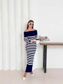 Women's Stylish Striped Bardot Dress - Navy Blue - View 2