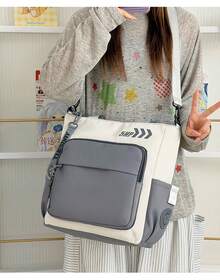 1 Stück künstlerische Canvas‑Schultertasche mit Cartoon‑Motiv, großes Fassungsvermögen, Mehrfach‑Fächer, Aktentasche für Schulunterlagen - Grau - Übersicht 3