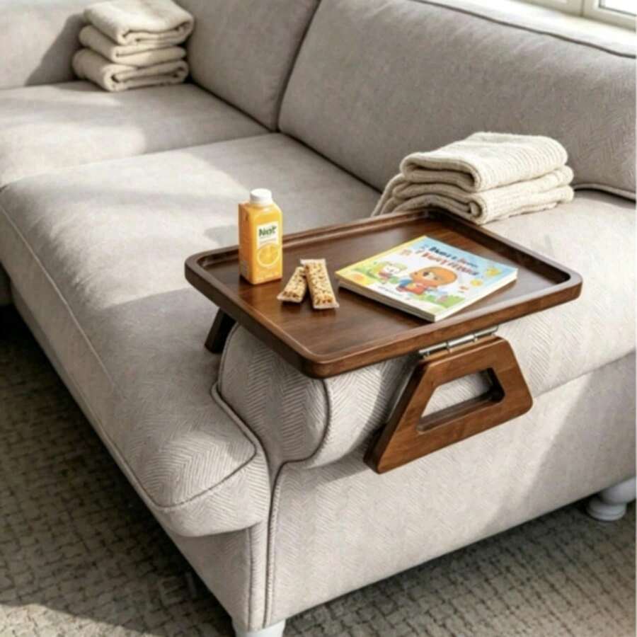 1pc Bamboo Sofa Armrest Tray With Foldable Handle, Multifunctional Sofa Armrest Side Table, Can Hold Drinks, Snacks, Books, Remote Control, Space-Saving Portable Sofa Armrest Accessory, Suitable For Living Room, Bedroom Indoor Use