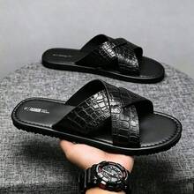Men's Crocodile Embossed Cross Strap Sandals, Fashion Open Toe Faux Leather Slippers, Non-Slip Soft Sole Casual Outdoor Beach Summer Walking Roman Slides - Black - View 2