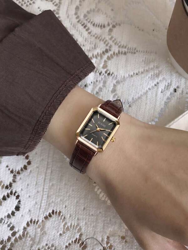 1 pieza/Set Reloj de cuarzo minimalista de mujer con esfera cuadrada de cuero vintage, correa de cuero clásica elegante, reloj de pulsera elegante, versátil, de nicho, artístico, exquisito y decorativo para uso diario, estudiantes, regalos de cumpleaños, vacaciones y talla grande