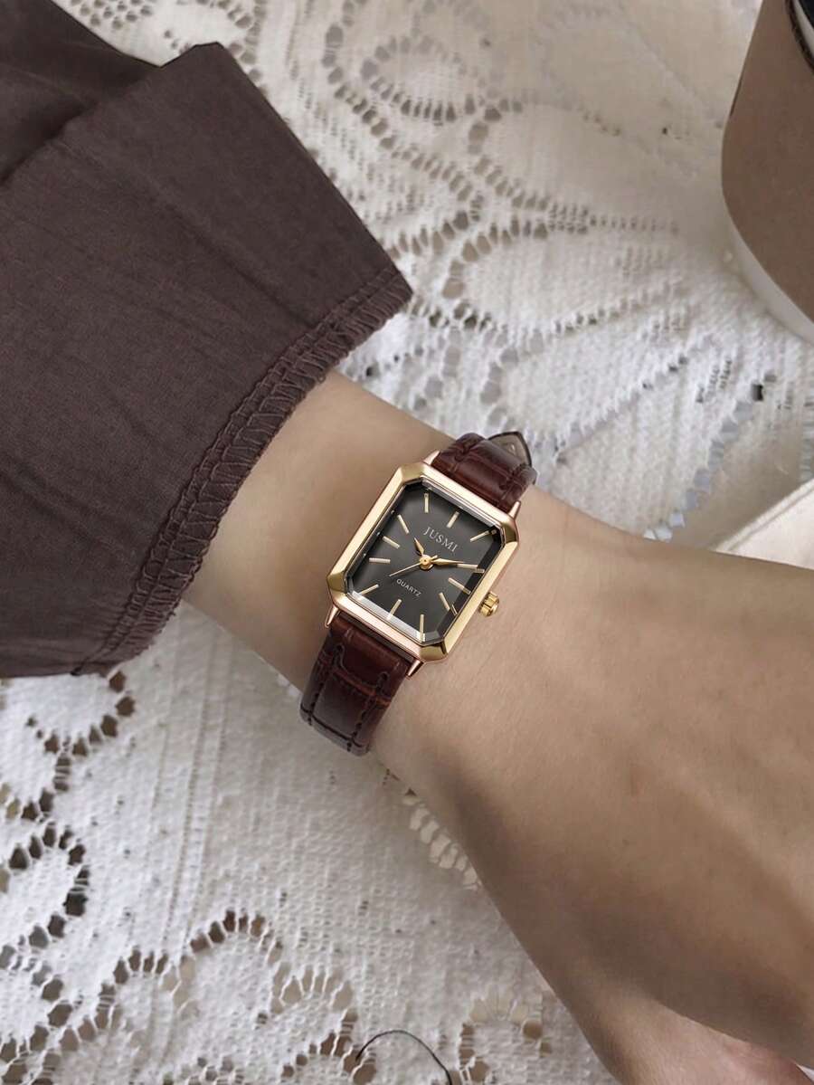 1件/套復古皮革方盤女款極簡石英手錶,經典皮革錶帶優雅腕錶,百搭小眾藝術精緻裝飾手錶,適合日常通勤、學生、生日、節日禮物等 - 黑色 - 查看 1