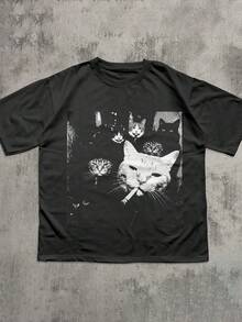 Fun Gangster Cat Print T-Shirt, Suitable For Summer And Autumn, Perfect For Daily Wear Casual Black - Black - View 3