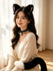 3pcs Plush Animal Costume Set, Animal Ear Headband With Tail And Bell Necklace, Sturdy Design, Versatile Unisex Decorative Accessories, Halloween Cosplay, School Performance, Theme Party Photo Props - Multicolor - View 3