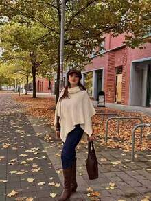 FOR BEAUTY Fall Winter Y2K Elegant Casual Beige Knit Poncho Sweater Women Asymmetric Top Going Out Party Vacation Concert Outfits - Apricot - View 8