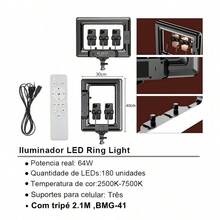 Luz Anelar LED 64W Potente | 180 LEDs 2500‑7500K Luz Fria e Quente, Tripé 2,1m Resistente + 3 Suportes Celular, Controle Bluetooth, Tensão 127/220V para Live Fotos Vídeos - Visão 9