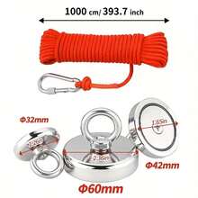 4PCS-32mm + 42mm + 60mm + 1000cm (32.8ft) Dedicated Rope Kit - With Fixing Buckle - Strong Magnetic Hook, Fishing Magnet, Round Neodymium Magnet, Large Magnetic Label Remover (With Eye Bolt), Heavy Duty Rare Earth Magnet, For Retrieving Items From Lakes, Rivers, Beaches And Lawns, Recovery Equipment - A - View 13