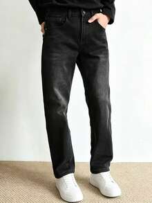 Men's Casual Washed Black Slim Fit Stretch Straight Leg Jeans - Black - View 5