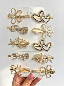 10pcs/Set Exquisite Rhinestone And Faux Pearl Hair Clips, Includes Flower, Star, Heart Styles, Suitable For Parties, Weddings, Perfect As Women's Gifts, Hair Claws, Hair Clips - Multicolor - View 5