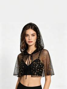 Moon & Star Hooded Cape, Halloween Costume, Black Transparent Mesh Tie-Front Short Cape, Suitable For Photo Shoots - Black - View 6