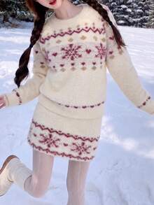 Women's New Autumn/Winter Atmosphere Pattern Pullover Sweater And Skirt 2 Pieces Set, Suitable For Christmas - Red and White - View 5