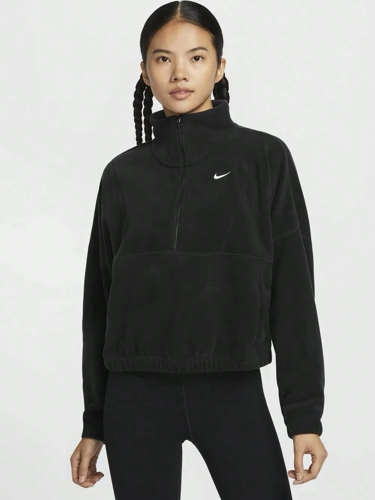 Nike Therma-FIT ONE 女款寬鬆保暖內裡半拉鍊套頭運動衫,刺繡品牌標誌,長袖半開襟 - 黑色 - 查看 1