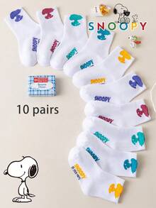 SNOOPY 1/5/10 أزواج جوارب سنوب للأطفال حتى منتصف الساق، جوارب أطفال بتصميم جاكار ملون بسيط ياباني بنمط جرو لطيف ومرح - متعدد الألوان - مشاهدة 10