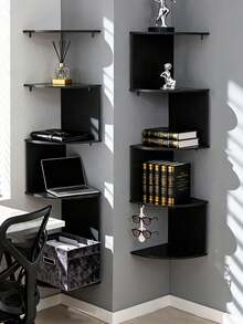 1 Creative Wall-Mounted Corner Shelf, 5-Tier Semicircular Wall Shelf, Wall-Mounted Bookshelf (Lamp Not Included) - Black - View 10