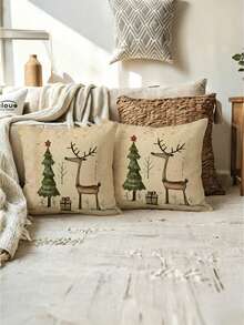 1/2/4Pcs Featuring A Deer And Tree Design In Beige And Green, Perfect For Holiday Decor. They Come With A Zipper Closure, Are Machine Washable, And Ideal For Sofa And Home Decoration - Apricot - View 6