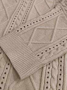 ASHKATIA Women's Plus Size Hooded Knit Sweater, Ribbed Rope Detail, Earth Tone Vintage Style, Suitable For Layering In Autumn/Winter - Apricot - View 6