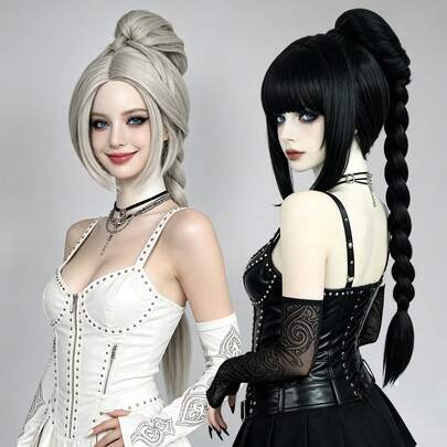 Extra Long Braided High Ponytail Wig With Bangs - Black & Silver‑Grey Gothic Punk Cosplay Wigs For Women, Natural‑Looking Heat Resistant Synthetic Hair For Halloween, Party, Gothic Lolita Costume, Y2K, Photoshoot, Concert & Daily Wear