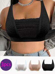 3pcs/Set Bra Kasual Nyaman Minimalis Ukuran Besar Wanita Motif Renda Patchwork Tanpa Kawat Lembut - MultiWarna - View 6