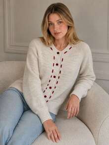 Cute & Soft Round Neck Knit Cardigan For Women, Design-Focused Outerwear Loose Sweater, Spring 2025/2024 New Arrival - Apricot - View 6