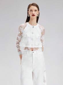 Rich Radi Q's Solid Color Woven Fabric Pearl Embroidered Top For Daily Wear, Dating, Vacation, All Seasons - White - View 1