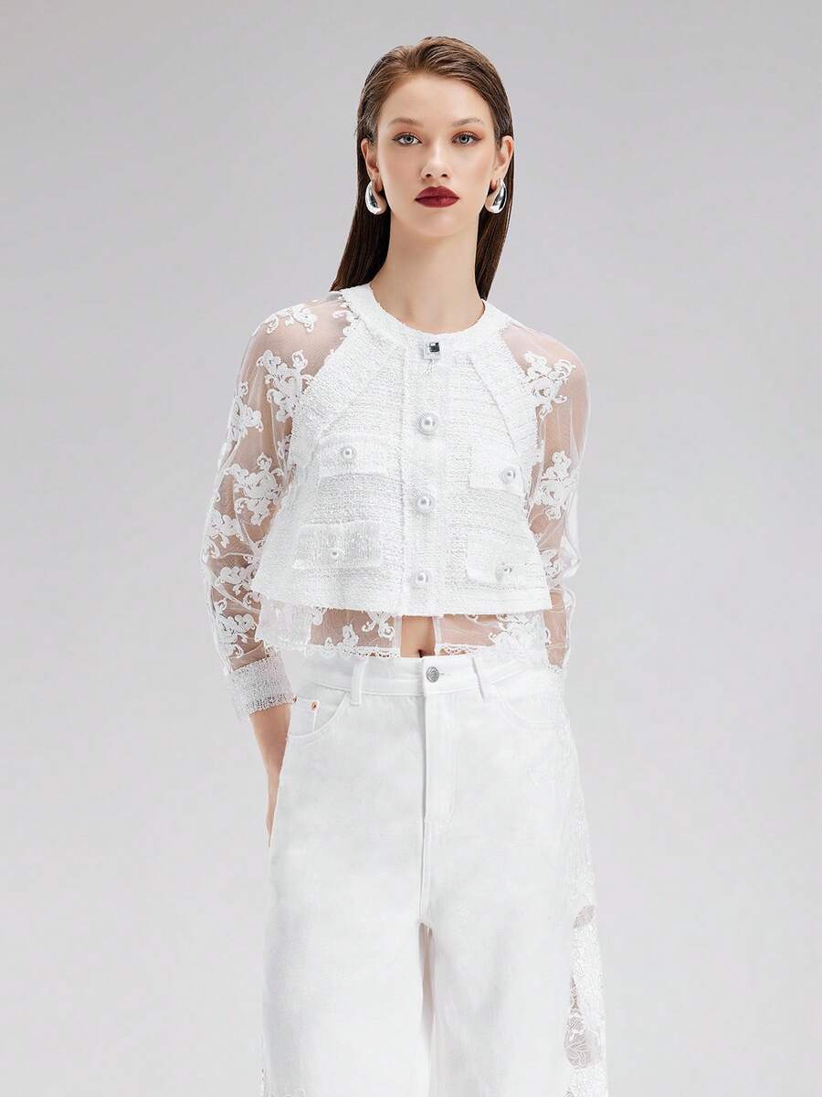 Rich Radi Q's Solid Color Woven Fabric Pearl Embroidered Top For Daily Wear, Dating, Vacation, All Seasons - White - View 1