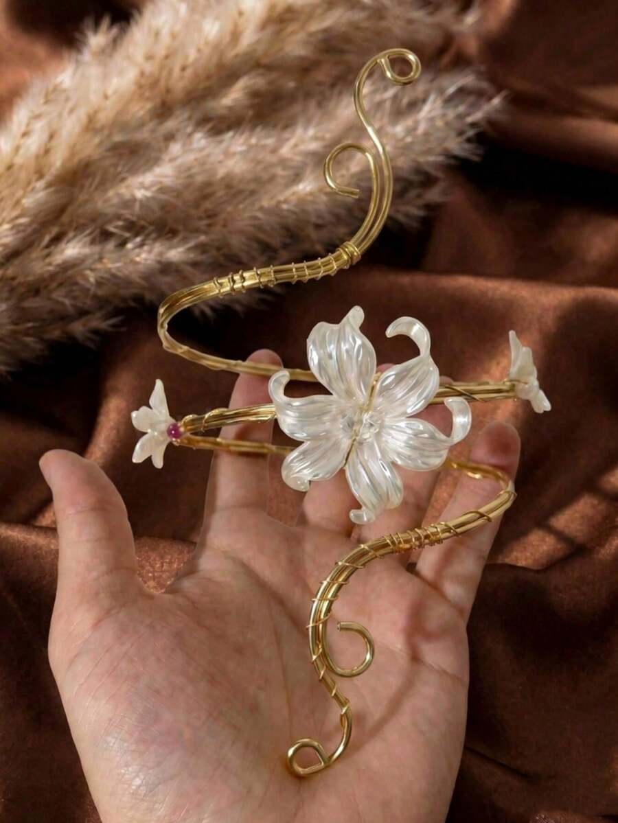 1pc Summer Fashion Floral Arm Chain Exaggerated Geometric Open Metal Bracelet Arm Cuff Suitable For Women Vacation Wear, Party, Gathering - Multicolor - View 1