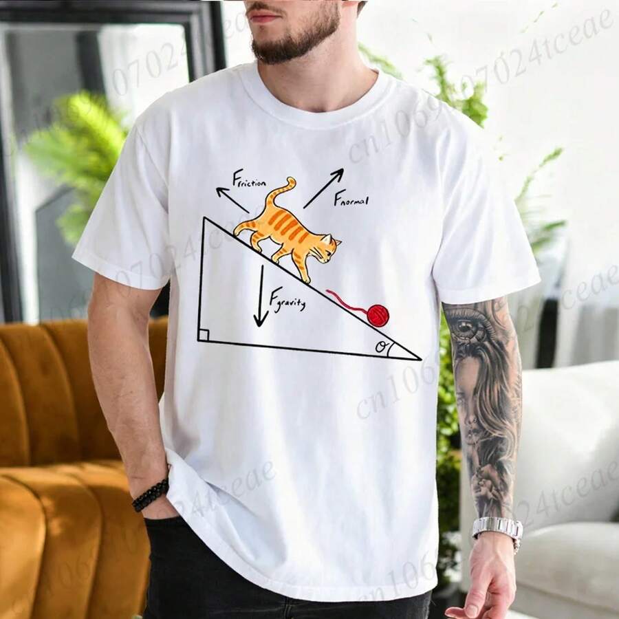 Men Funny Physics Inclined Plane Force Analysis Cat Graphic T Shirt Science Teacher Gift Vintage Academia Short Sleeve Tee Tops - 白色 - 查看 1