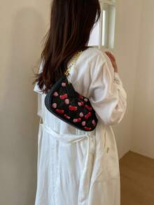 Fun Print Pattern With Metal Chain Spliced Shoulder Strap Crescent Shape Underarm Bag Personalized Fun Style Shoulder Bag Women's Outing Party Date Portable Small Bag Vibrant Atmosphere Matching Shoulder Bag - Black - View 7