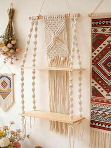 1pc Bohemian Style Handmade Woven Wall Hanging Shelf, Suitable For Books, Flower Pots, Living Room, Bedroom Or Dorm Decor, Tapestry, Room Flag, Room Decoration, Wall Decor, Wall Art, Home Decor, Room Supplies - Beige - View 3