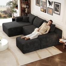 L Shape Sofa Black Fabric 241cm For Living Room - 黑色 4 座 - 查看 3