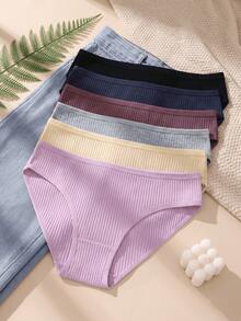 6pcs Solid Color Ribbed Cotton Women's Triangle Panties, Bodycon Casual Comfortable Underwear - Multicolor - View 7