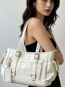 Metal Buckle Pendant Decor, Large Capacity Storage With Zipper Closure, Suitable For Daily Commute And Travel, Can Be Paired With Shoulder Strap For Multiple Carrying Styles, Casual Accessory Bag, Fits Various Outfit Styles Fashion Tote Bag - White - View 4