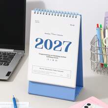 تقويم مكتبي عمودي أساسي لعام 2027، أسلوب INS بسيط باللونين الأزرق والأبيض، زينة مكتبية صغيرة، مخطط شهري، مذكرة ومتابع العادات - قطعة واحدة - مشاهدة 7
