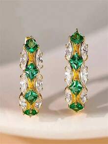 1 Pair Elegant Green & White Cubic Zirconia Inlaid Champagne Gold Plated Women's Earrings, Suitable For All Special Celebrations Throughout The Year, Enhancing Your Charm - Green - View 4