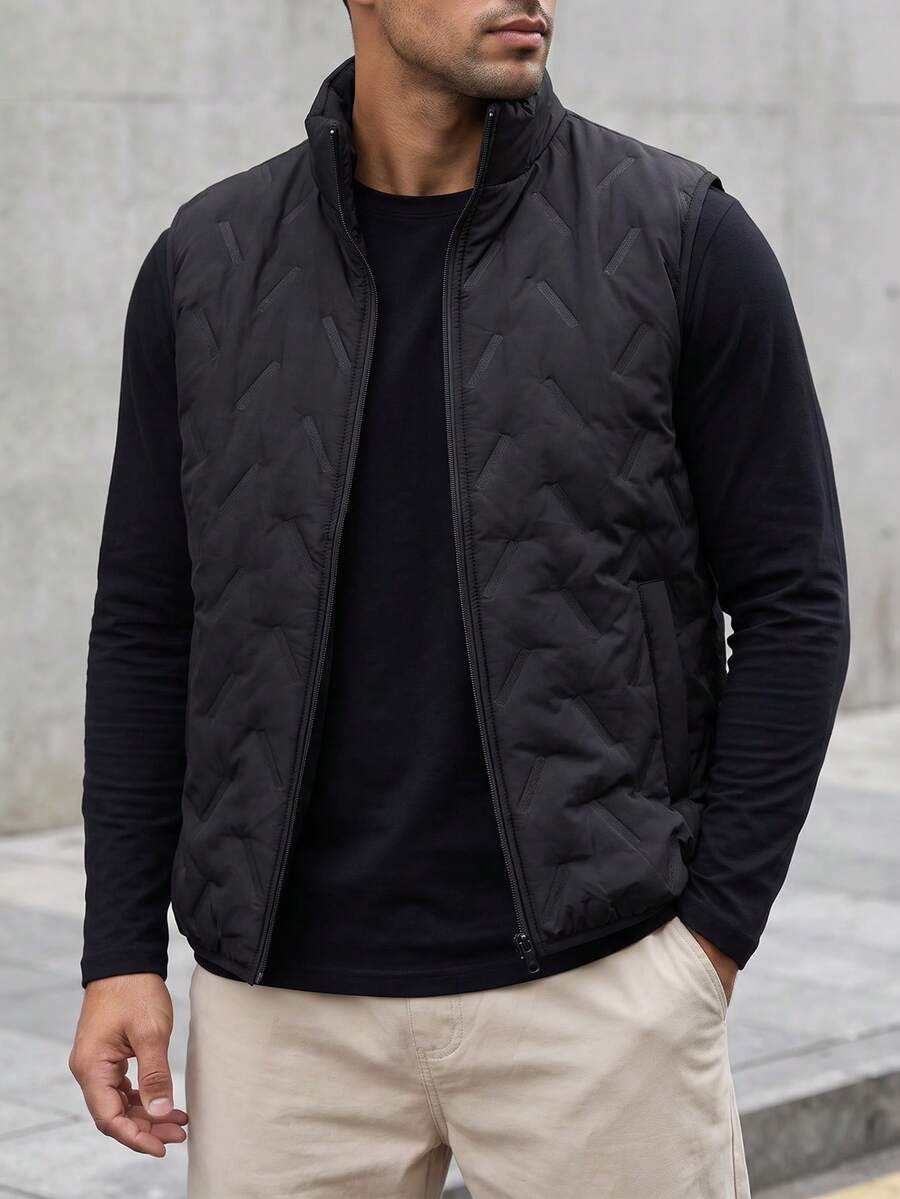 Men's Basic Zip-Up Teddy Fleece Padded Vest Jacket, Fall/Winter - Black - View 1