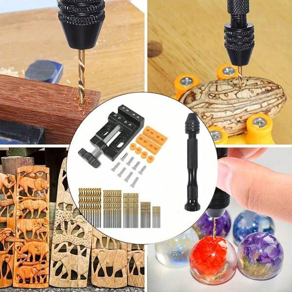 UNISURE 1 Set Multi-Size Titanium-Plated Manual Drilling Fixing Kit (Includes Fixing Clamp + Hand Drill + 50 Drill Bits), Minimalist Black Cylindrical Handle With Grip Texture, Precise Drilling Tool For Wooden And Plastic Crafts, Suitable For DIY Hand Repair And Father's Day Gift