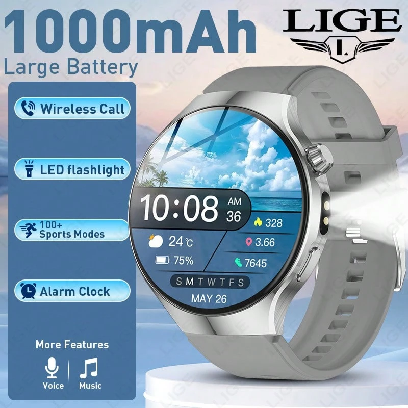Đồng hồ thông minh LIGE: Pin dung lượng siêu lớn 1000mAh, đèn LED, hơn 100 chế độ thể thao, chống nước hàng ngày, dự báo thời tiết, phát nhạc, báo thức, thông báo tin nhắn - Đồng hồ thông minh thể thao ngoài trời đa năng phù hợp cho nam và nữ - Xem 1