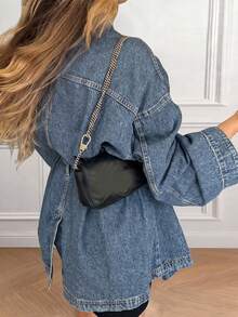 Blaues Denim-Jacke mit geraffter Taille, mittlerer Waschung, Mehrfach-Taschen, Retro-Hongkong-Stil, locker, mittellang, vielseitig, lässig - Mittele Waschung - Übersicht 3