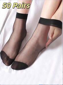 20/40/50 Pairs Women's Ultra-Thin Breathable Crystal Sheer Pantyhose, Transparent Invisible Summer Neutral Solid Color Socks - Black - View 4