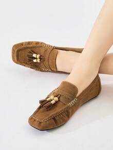 Women's Plus Size Vintage Suede Brown Square Toe Tassel Loafers, Slip-On Soft Sole Casual Daily Commute Comfortable Versatile Walking Shoes, Slouchy Shoes, Autumn/Winter New - Brown - View 5